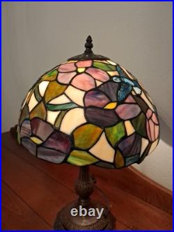 Vintage Leaded Glass Table Lamp Solid Brass Base Hummingbird Stained Glass