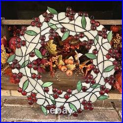 Vintage Leaded Stained Glass Christmas Wreath 17Suncatcher Window Decor Winter