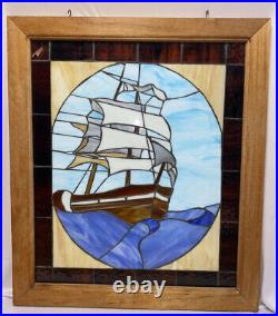 Vintage Leaded Stained Glass Window Clipper Ship Nautical 29.5x25.5