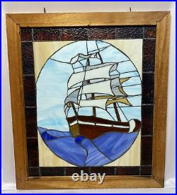 Vintage Leaded Stained Glass Window Clipper Ship Nautical 29.5x25.5