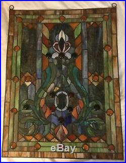Vintage Leaded Stained Glass Window Hanging 24.5 x 17.5