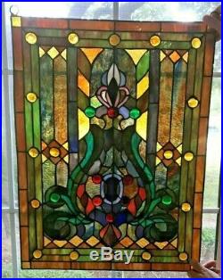 Vintage Leaded Stained Glass Window Hanging 24.5 x 17.5