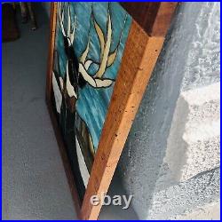 Vintage Leaded Stained Glass Window In Wood Frame Deer Buck Artist 24 X 22