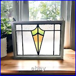 Vintage Leaded Stained Glass Window Panel Green/Amber 18 5/8 x 14 Wood Frame