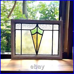 Vintage Leaded Stained Glass Window Panel Green/Amber 18 5/8 x 14 Wood Frame