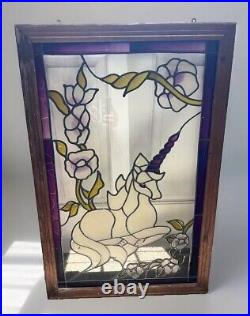 Vintage Leaded Stained Glass Window Panel Handcrafted Unicorn & Flowers 36x 23
