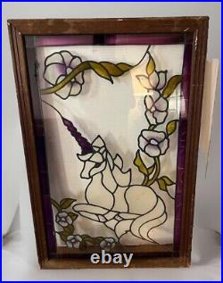 Vintage Leaded Stained Glass Window Panel Handcrafted Unicorn & Flowers 36x 23