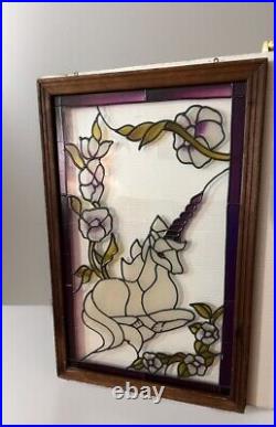 Vintage Leaded Stained Glass Window Panel Sun Catcher Unicorn & Flowers 36x 23