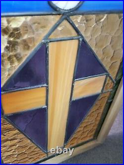 Vintage Leaded Stained & Slag glass Framed Window Panel Cross And Dove