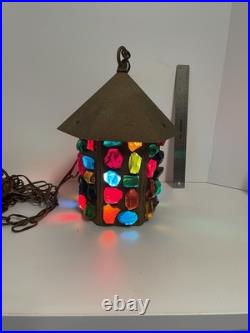 Vintage Multi Colored Leaded Chunky Glass Hanging Swag Pendant Lantern Light