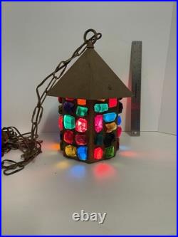 Vintage Multi Colored Leaded Chunky Glass Hanging Swag Pendant Lantern Light