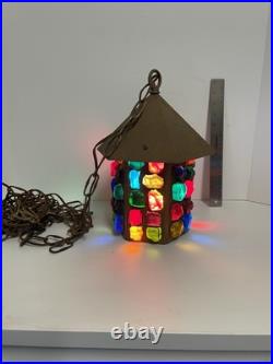 Vintage Multi Colored Leaded Chunky Glass Hanging Swag Pendant Lantern Light