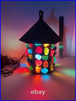 Vintage Multi Colored Leaded Chunky Glass Hanging Swag Pendant Lantern Light