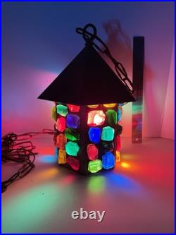 Vintage Multi Colored Leaded Chunky Glass Hanging Swag Pendant Lantern Light