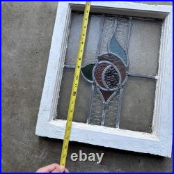 Vintage Old English Lead Stained Glass Window Wood Frame White Paint Rose 17x15