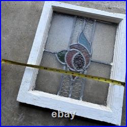 Vintage Old English Lead Stained Glass Window Wood Frame White Paint Rose 17x15