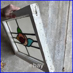 Vintage Old English Lead Stained Glass Window Wood Frame White Paint Rose 17x15