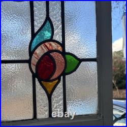 Vintage Old English Lead Stained Glass Window Wood Frame White Paint Rose 17x15