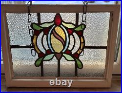 Vintage Old English Leaded Stained Glass Window Wood Frame Heavy WithChain 20X15