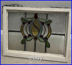 Vintage Old English Leaded Stained Glass Window Wood Frame Heavy WithChain 20X15
