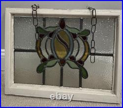 Vintage Old English Leaded Stained Glass Window Wood Frame Heavy WithChain 20X15
