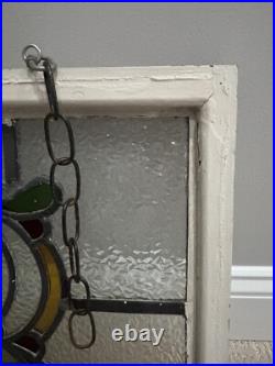 Vintage Old English Leaded Stained Glass Window Wood Frame Heavy WithChain 20X15