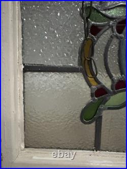 Vintage Old English Leaded Stained Glass Window Wood Frame Heavy WithChain 20X15