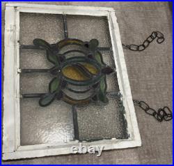 Vintage Old English Leaded Stained Glass Window Wood Frame Heavy WithChain 20X15