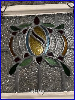 Vintage Old English Leaded Stained Glass Window Wood Frame Heavy WithChain 20X15