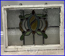 Vintage Old English Leaded Stained Glass Window Wood Frame Heavy WithChain 20X15