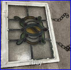 Vintage Old English Leaded Stained Glass Window Wood Frame Heavy WithChain 20X15