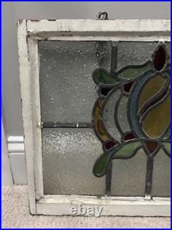 Vintage Old English Leaded Stained Glass Window Wood Frame Heavy WithChain 20X15