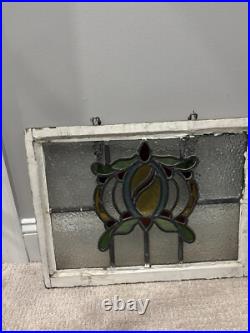 Vintage Old English Leaded Stained Glass Window Wood Frame Heavy WithChain 20X15