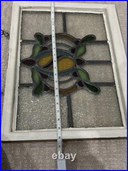 Vintage Old English Leaded Stained Glass Window Wood Frame Heavy WithChain 20X15