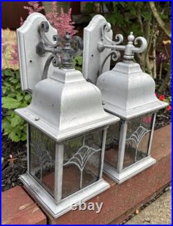 Vintage Pair of Arts & Crafts Style Porch Outdoor Wall Light Leaded Glass Panels Vintage Pair of Arts & Crafts Style Porch Outdoor Wall Light Leaded Glass Panels
