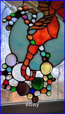 Vintage Rare Colorful Leaded Stained Glass / Seashells Seahorse / Baubles