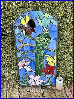 Vintage Stained And Leaded Multi Color Glass Parrot Bird Window Panel With Chain