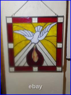 Vintage Stained Glass/Etched White Dove and Flames 21×20 1/2 In