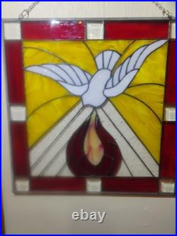 Vintage Stained Glass/Etched White Dove and Flames 21×20 1/2 In