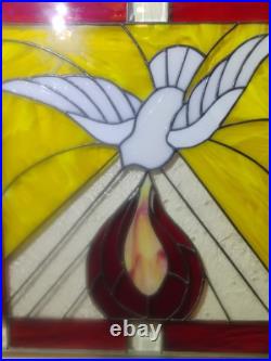Vintage Stained Glass/Etched White Dove and Flames 21×20 1/2 In