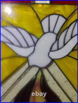 Vintage Stained Glass/Etched White Dove and Flames 21×20 1/2 In