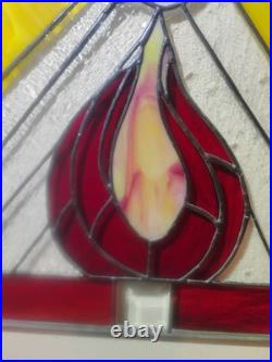 Vintage Stained Glass/Etched White Dove and Flames 21×20 1/2 In