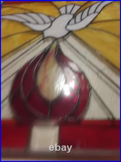 Vintage Stained Glass/Etched White Dove and Flames 21×20 1/2 In