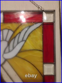 Vintage Stained Glass/Etched White Dove and Flames 21×20 1/2 In