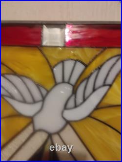 Vintage Stained Glass/Etched White Dove and Flames 21×20 1/2 In