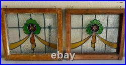 Vintage Stained Glass Window Pair. Arts & Crafts Victorian Style. Wood Framed