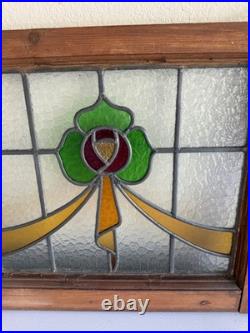 Vintage Stained Glass Window Pair. Arts & Crafts Victorian Style. Wood Framed