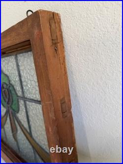 Vintage Stained Glass Window Pair. Arts & Crafts Victorian Style. Wood Framed