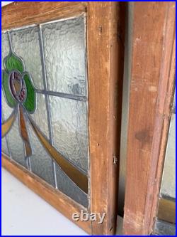 Vintage Stained Glass Window Pair. Arts & Crafts Victorian Style. Wood Framed