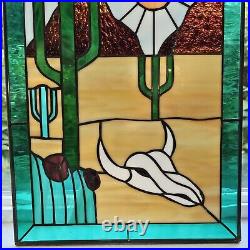 Vintage Stained Glass Window Panel 20×12 1970's Hand Crafted Arizona Landscape